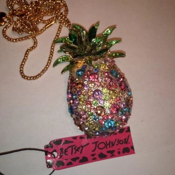 NWT BETSEY JOHNSON RHINESTONE PINEAPPLE PENDANT &/OR BROOCH LONG CHAIN NECKLACE - Picture 4 of 5